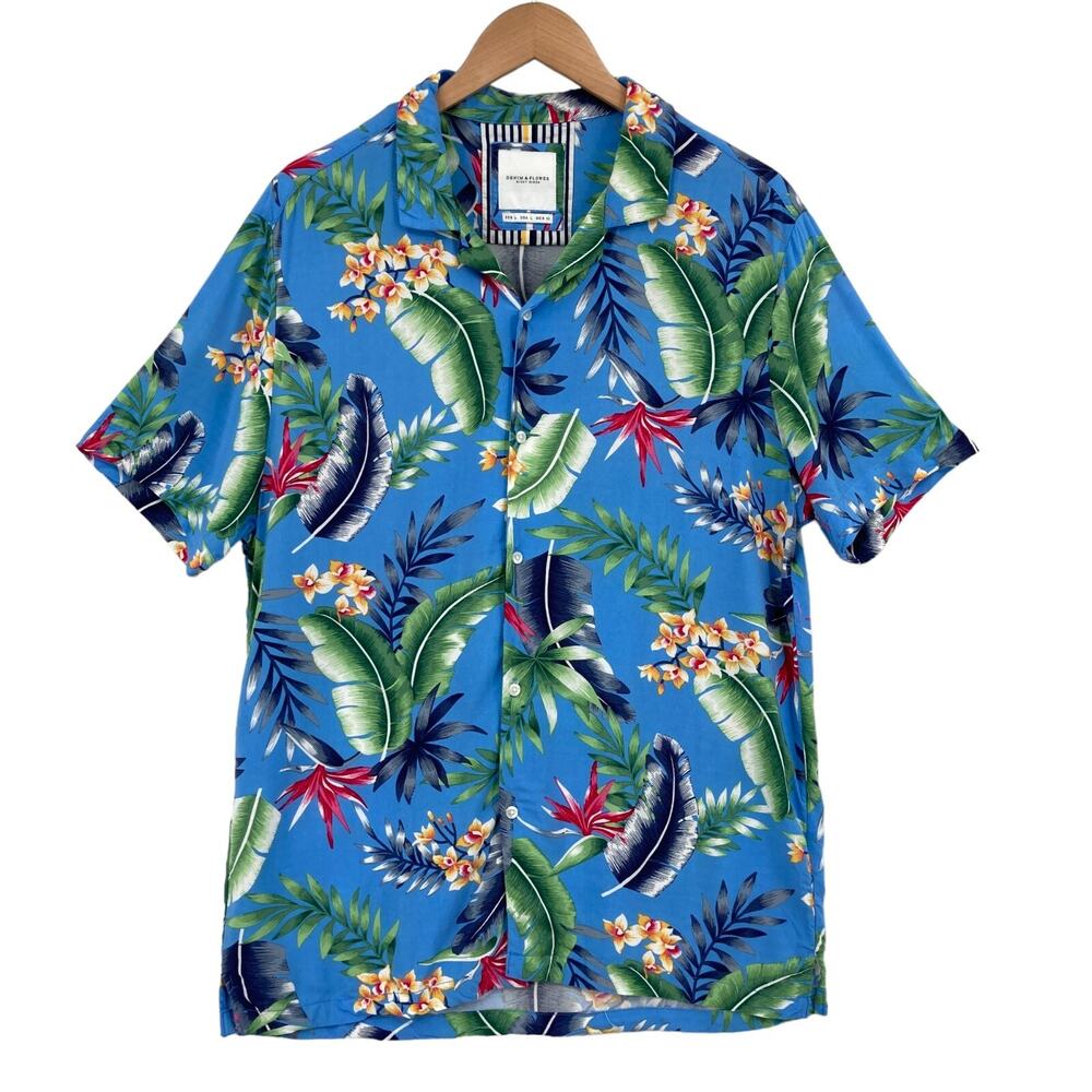 Denim & Flower Hawaiian Shirt Men's L Blue Tropical Print Short Sleeve Button Up